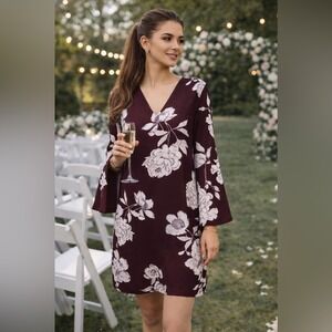 Dynamite Floral Shift‎ Dress Burgundy V-Neck | modern feminine chic medium